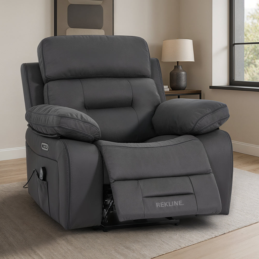 Electric Recliner Armchair in Grey Fabric | Movie & Home Cinema Chair with 8-Point Massage & Power Headrest | High-Back + Padded Lumbar | Sicily by REKLINE