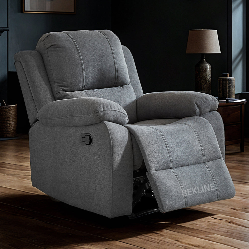 Grey Fabric Recliner Chair | Manual Reclining Armchair | Space-Saving Wall Hugger | Trento 1 Seater Sofa by REKLINE