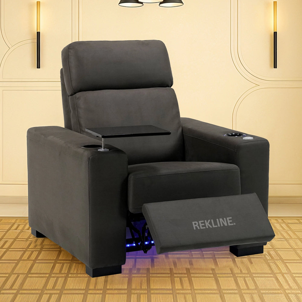 Electric Recliner Armchair in Grey Fabric | Movie & Home Cinema Chair | Power Headrest & Automatic Lumbar Support | High-Back & Removable Tables | Palmero by REKLINE