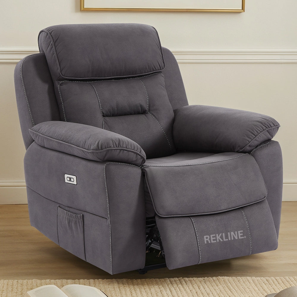 Electric Recliner Armchair in Grey Fabric | Movie & Home Cinema Chair with 8-Point Massage & Power Headrest | High-Back + Padded Lumbar | Florence by REKLINE