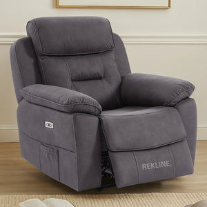 Electric Recliner Armchair in Grey Fabric | Movie & Home Cinema Chair with 8-Point Massage & Power Headrest | High-Back + Padded Lumbar | Florence by REKLINE