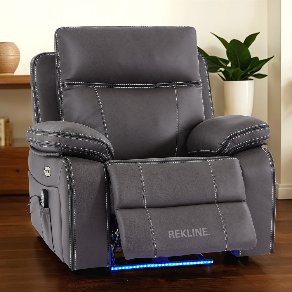 Electric Recliner Armchair in Grey Fabric | Movie & Home Cinema Chair with 8-Point Massage & Power Headrest | High-Back + Padded Lumbar | Vinsonova 1 Seater Sofa by REKLINE