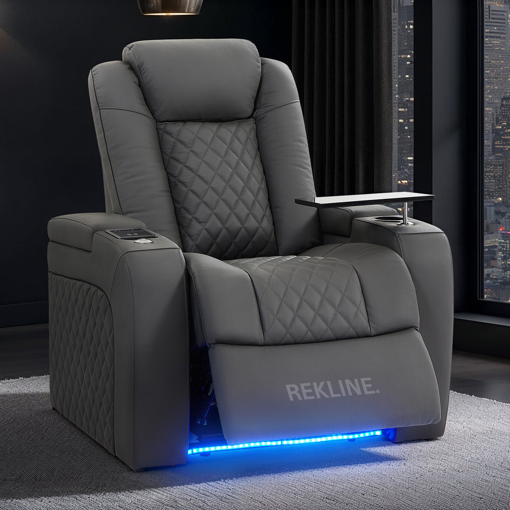 Home Cinema Chair in Grey Real Leather | Luxury for Gaming & Movie Theatre Seating | Electric Recliner with Power Headrest & Automatic Lumbar Support | Milano by REKLINE