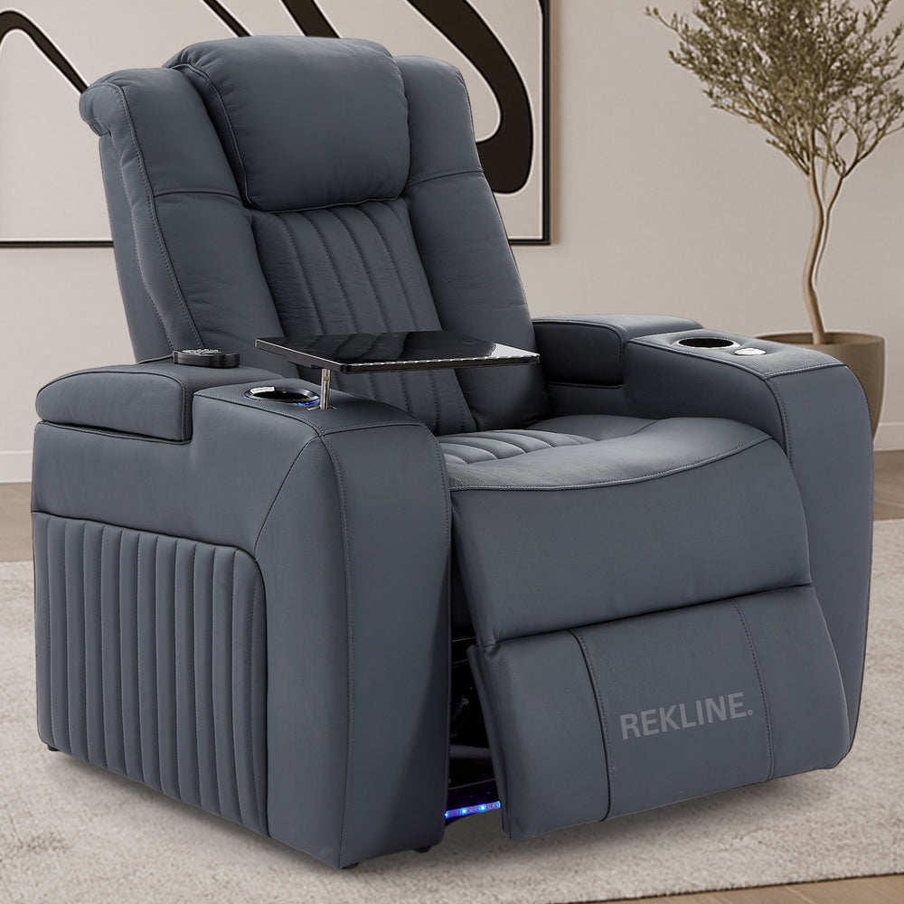 Home Cinema Chair in Blue Leather | Luxury for Gaming & Movie Theatre Seating | Power Recliner Chair with 8-Point Massage & Power Headrest | Capri by REKLINE