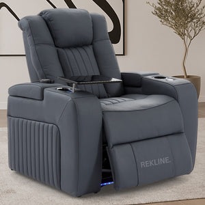 Home Cinema Chair in Blue Leather | Luxury for Gaming & Movie Theatre Seating | Power Recliner Chair with 8-Point Massage & Power Headrest | Capri by REKLINE