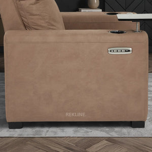 Electric Recliner Armchair in Tan Fabric | Movie & Home Cinema Chair | Power Headrest & Automatic Lumbar Support | High-Back & Removable Tables | Palmero by REKLINE