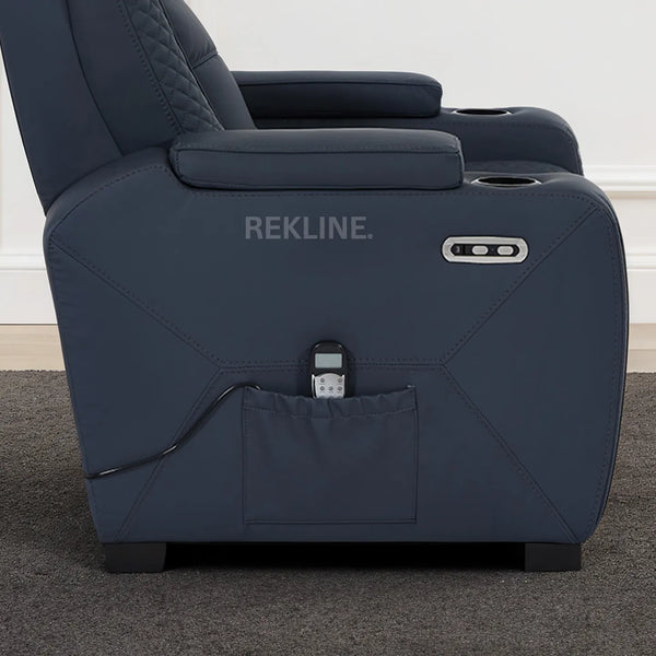 Home Cinema Chair in Blue Real Leather | Luxury for Gaming & Movie Theatre Seating | Electric Recliner with 8-Point Massage, Heated Seats & Power Headrests | Napoli by REKLINE