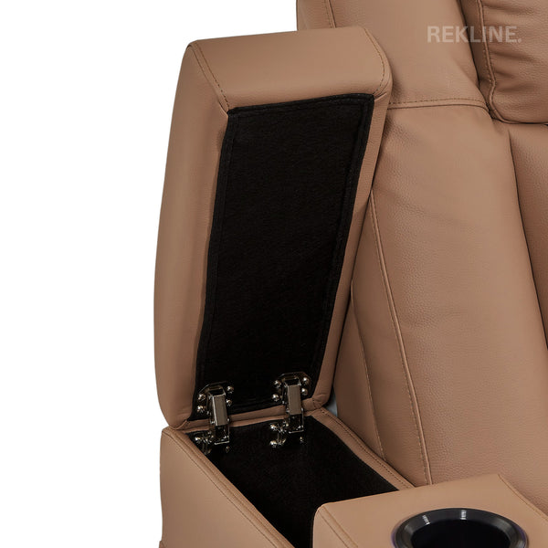 Home Cinema Chair in Tan Real Leather | Luxury for Gaming & Movie Theatre Seating | Electric Recliner with 8-Point Massage & Power Headrest | Capri by REKLINE