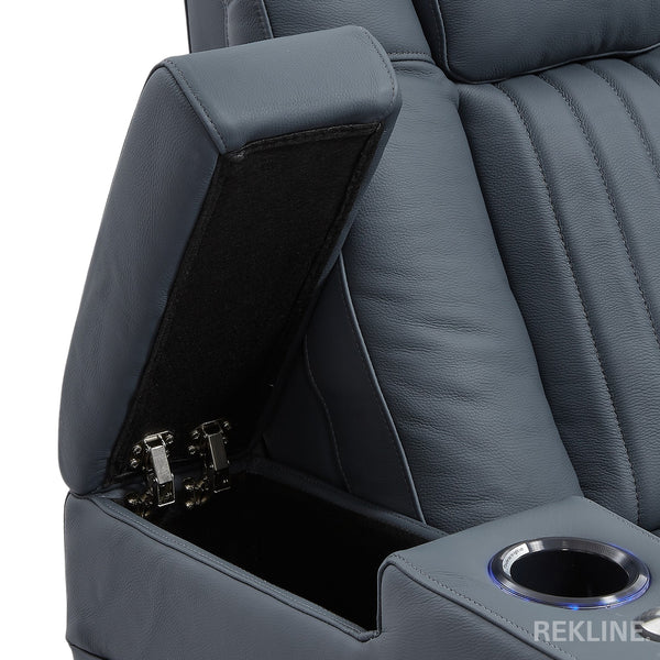 Home Cinema Chair in Blue Leather | Luxury for Gaming & Movie Theatre Seating | Power Recliner Chair with 8-Point Massage & Power Headrest | Capri by REKLINE