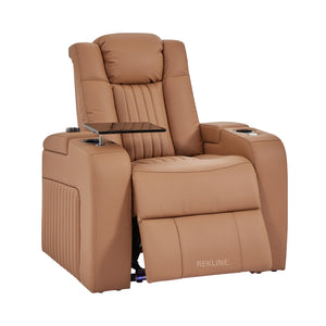 Home Cinema Chair in Tan Real Leather | Luxury for Gaming & Movie Theatre Seating | Electric Recliner with 8-Point Massage & Power Headrest | Capri by REKLINE
