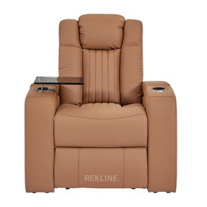 Home Cinema Chair in Tan Real Leather | Luxury for Gaming & Movie Theatre Seating | Electric Recliner with 8-Point Massage & Power Headrest | Capri by REKLINE
