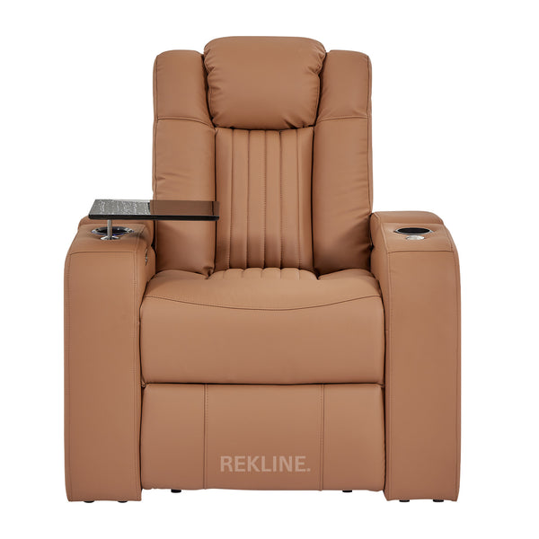 Home Cinema Chair in Tan Real Leather | Luxury for Gaming & Movie Theatre Seating | Electric Recliner with 8-Point Massage & Power Headrest | Capri by REKLINE