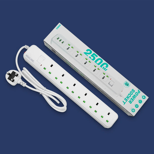 6 Socket Extension Lead With Safety Switch & Indicator Light | 13 Amp | 2m Cable Length | Wall Mount Design | by REKLINE