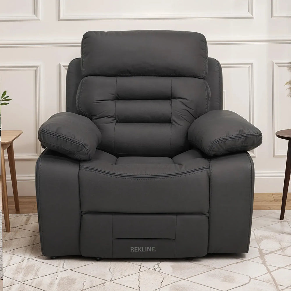 Electric Recliner Armchair in Grey Fabric | Movie & Home Cinema Chair with 8-Point Massage & Power Headrest | High-Back + Padded Lumbar | Tuscany by REKLINE