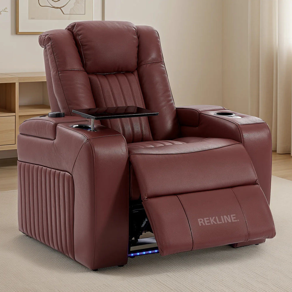Home Cinema Chair in Red Leather | Cool, Calm, and Customisable Theatre Seating | Power Recliner Chair with 8-Point Massage & Power Headrest | Capri by REKLINE