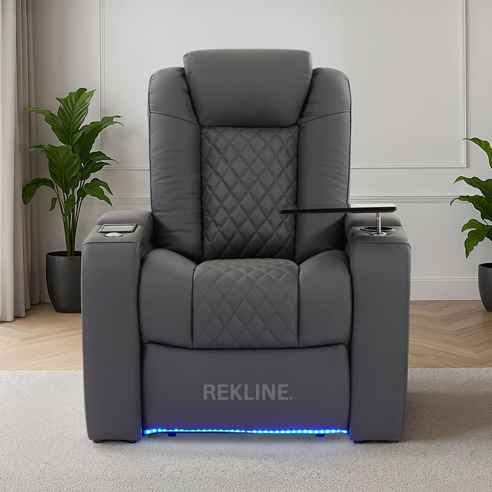 Home Cinema Chair in Grey Real Leather | Luxury for Gaming & Movie Theatre Seating | Electric Recliner with Power Headrest & Automatic Lumbar Support | Milano by REKLINE
