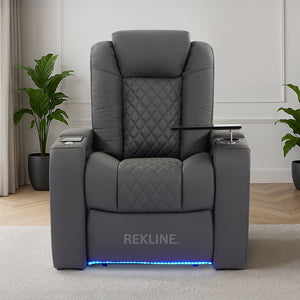 Home Cinema Chair in Grey Real Leather | Luxury for Gaming & Movie Theatre Seating | Electric Recliner with Power Headrest & Automatic Lumbar Support | Milano by REKLINE