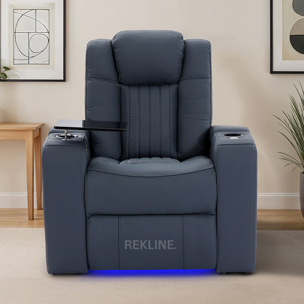 Home Cinema Chair in Blue Leather | Luxury for Gaming & Movie Theatre Seating | Power Recliner Chair with 8-Point Massage & Power Headrest | Capri by REKLINE