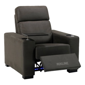 Electric Recliner Armchair in Grey Fabric | Movie & Home Cinema Chair | Power Headrest & Automatic Lumbar Support | High-Back & Removable Tables | Palmero by REKLINE