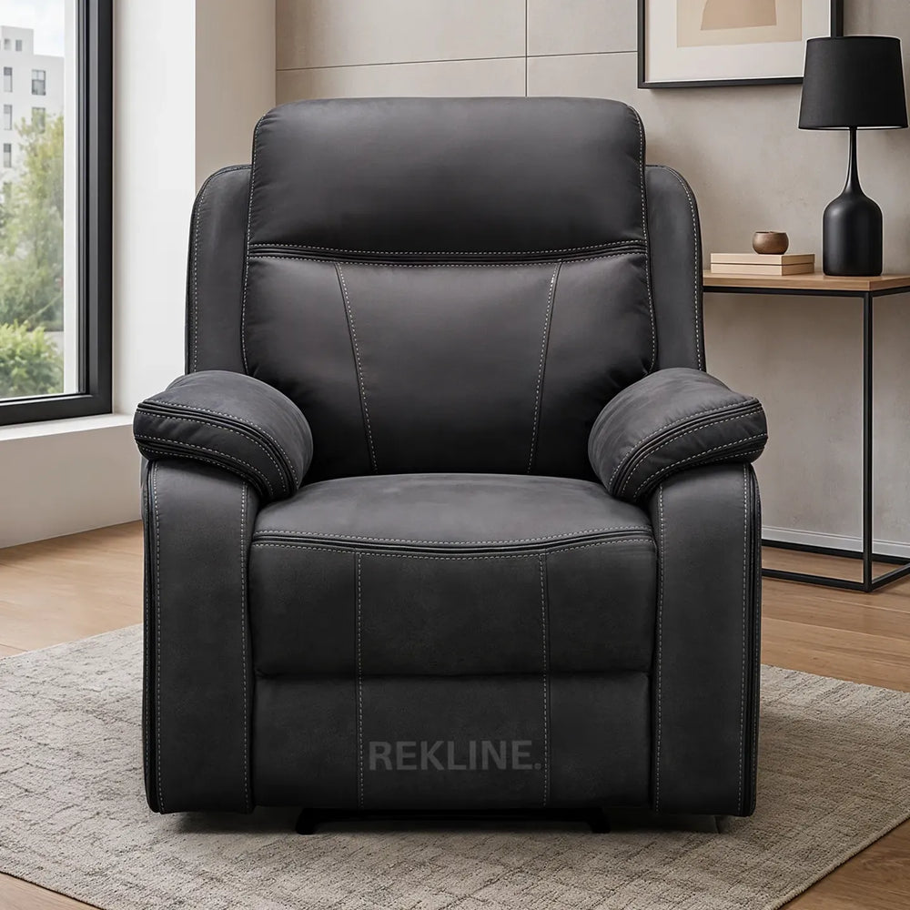 Electric Recliner Armchair in Grey Fabric | Modern Home Cinema Chair with Power Headrest | High-Back + Padded Lumbar + USB | Vinson by REKLINE