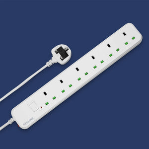 6 Socket Extension Lead With Safety Switch & Indicator Light | 13 Amp | 2m Cable Length | Wall Mount Design | by REKLINE