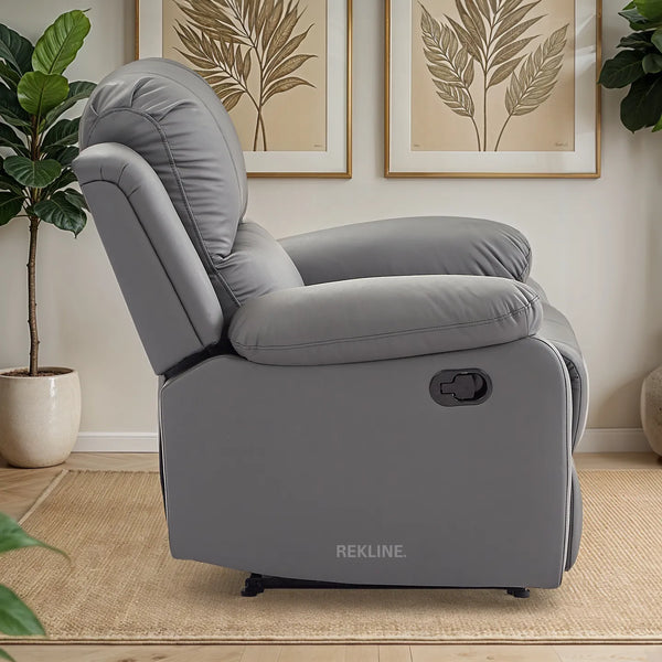 Grey Leather Recliner Chair | Manual Reclining Armchair | Space-Saving Wall Hugger | Trento 1 Seater Sofa by REKLINE