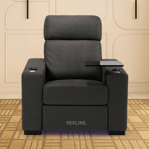 Electric Recliner Armchair in Grey Fabric | Movie & Home Cinema Chair | Power Headrest & Automatic Lumbar Support | High-Back & Removable Tables | Palmero by REKLINE