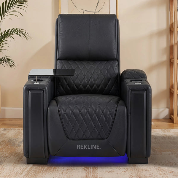 Home Cinema Chair in Black Real Leather | Luxury for Gaming & Movie Theatre Seating | Electric Recliner with Power Headrest & Automatic Lumbar Support | Assisi by REKLINE