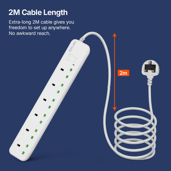 6 Socket Extension Lead With Safety Switch & Indicator Light | 13 Amp | 2m Cable Length | Wall Mount Design | by REKLINE