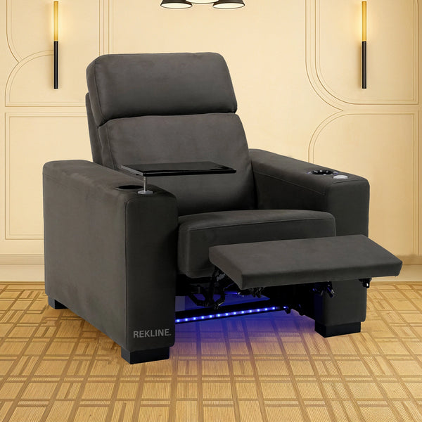 Electric Recliner Armchair in Grey Fabric | Movie & Home Cinema Chair | Power Headrest & Automatic Lumbar Support | High-Back & Removable Tables | Palmero by REKLINE