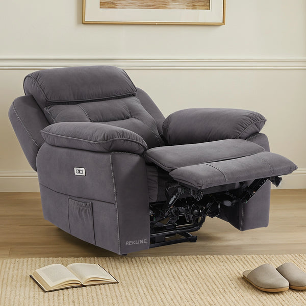 Electric Recliner Armchair in Grey Fabric | Movie & Home Cinema Chair with 8-Point Massage & Power Headrest | High-Back + Padded Lumbar | Florence by REKLINE