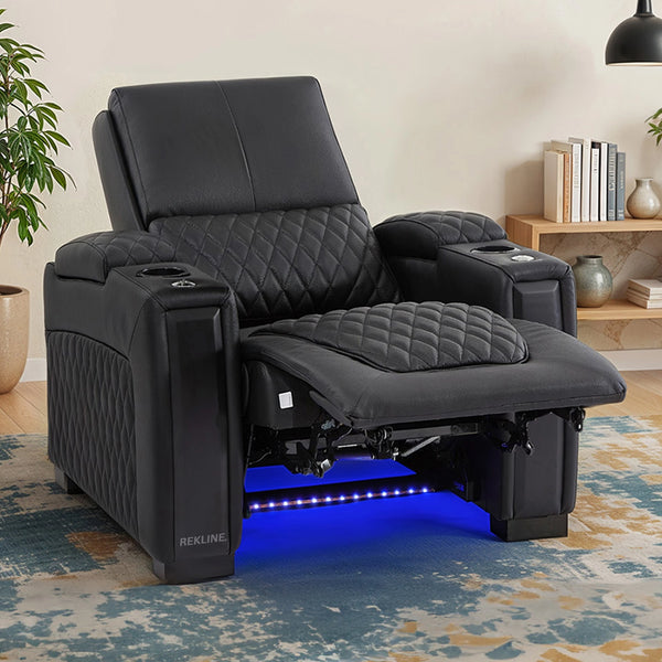 Home Cinema Chair in Black Real Leather | Luxury for Gaming & Movie Theatre Seating | Electric Recliner with Power Headrest & Automatic Lumbar Support | Assisi by REKLINE