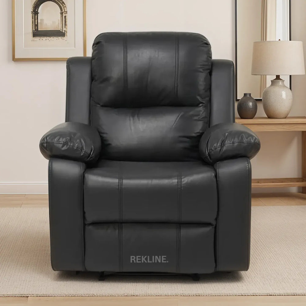 Black Leather Recliner Chair | Manual Reclining Armchair | Space-Saving Wall Hugger | Trento 1 Seater Sofa by REKLINE
