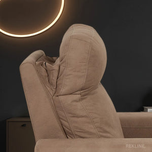 Electric Recliner Armchair in Tan Fabric | Movie & Home Cinema Chair | Power Headrest & Automatic Lumbar Support | High-Back & Removable Tables | Palmero by REKLINE