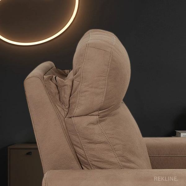 Electric Recliner Armchair in Tan Fabric | Movie & Home Cinema Chair | Power Headrest & Automatic Lumbar Support | High-Back & Removable Tables | Palmero by REKLINE