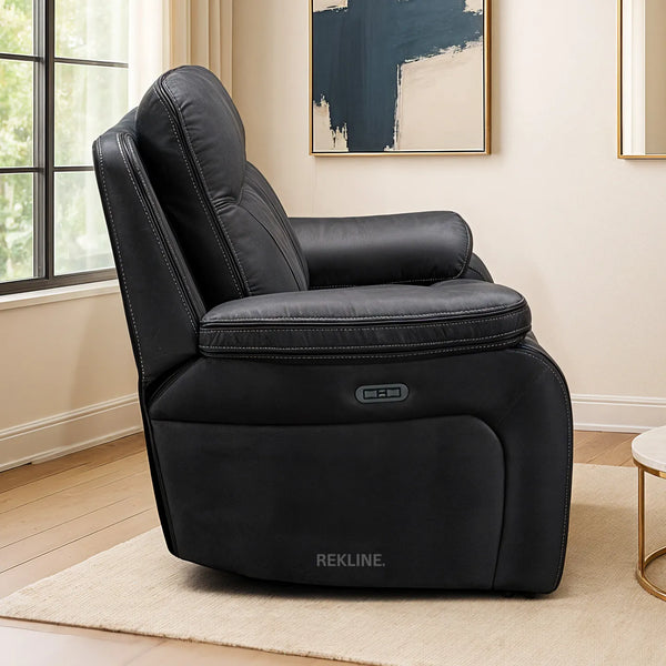 Electric Recliner Armchair in Grey Fabric | Modern Home Cinema Chair with Power Headrest | High-Back + Padded Lumbar + USB | Vinson by REKLINE