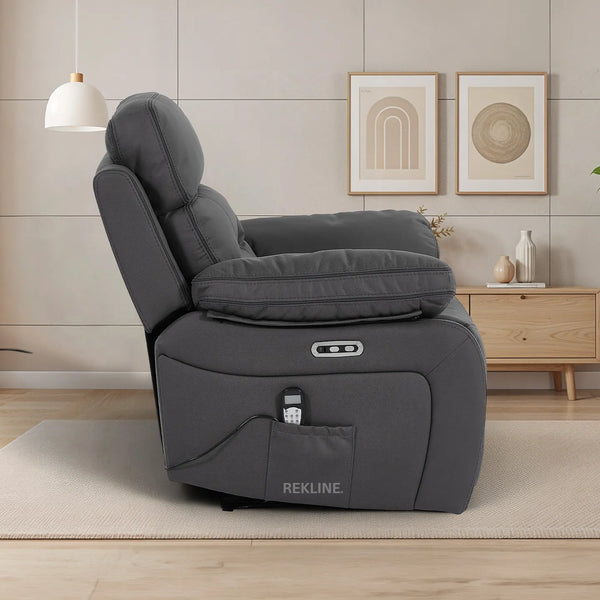 Electric Recliner Armchair in Grey Fabric | Movie & Home Cinema Chair with 8-Point Massage & Power Headrest | High-Back + Padded Lumbar | Sicily by REKLINE