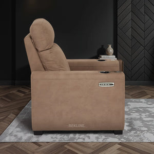 Electric Recliner Armchair in Tan Fabric | Movie & Home Cinema Chair | Power Headrest & Automatic Lumbar Support | High-Back & Removable Tables | Palmero by REKLINE