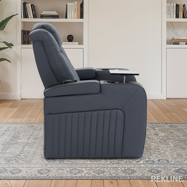 Home Cinema Chair in Blue Leather | Luxury for Gaming & Movie Theatre Seating | Power Recliner Chair with 8-Point Massage & Power Headrest | Capri by REKLINE