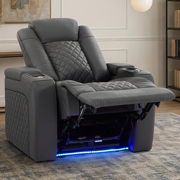 Home Cinema Chair in Grey Real Leather | Luxury for Gaming & Movie Theatre Seating | Electric Recliner with Power Headrest & Automatic Lumbar Support | Milano by REKLINE