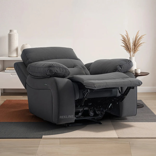 Electric Recliner Armchair in Grey Fabric | Movie & Home Cinema Chair with 8-Point Massage & Power Headrest | High-Back + Padded Lumbar | Sicily by REKLINE