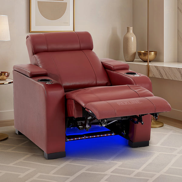 Home Cinema Chair in Red Real Leather | Luxury Movie Theatre Seating | Electric Recliner with Padded Headrest & Lumbar Support | Rimini by REKLINE