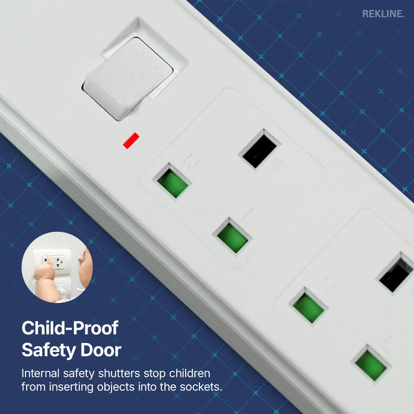 6 Socket Extension Lead With Safety Switch & Indicator Light | 13 Amp | 2m Cable Length | Wall Mount Design | by REKLINE