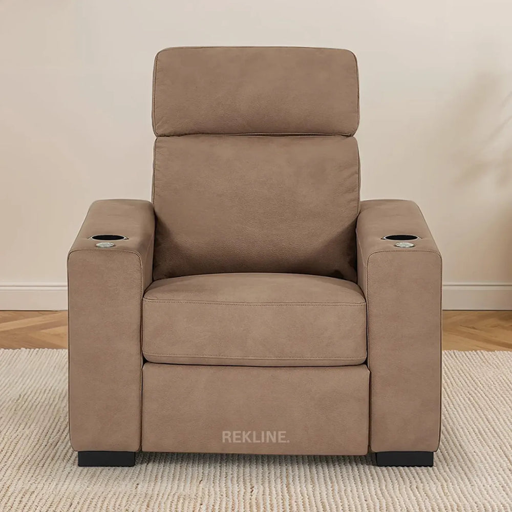 Electric Recliner Armchair in Tan Fabric | Movie & Home Cinema Chair | Power Headrest & Automatic Lumbar Support | High-Back & Removable Tables | Palmero by REKLINE