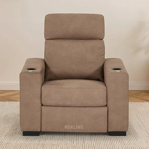 Electric Recliner Armchair in Tan Fabric | Movie & Home Cinema Chair | Power Headrest & Automatic Lumbar Support | High-Back & Removable Tables | Palmero by REKLINE