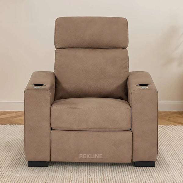 Electric Recliner Armchair in Tan Fabric | Movie & Home Cinema Chair | Power Headrest & Automatic Lumbar Support | High-Back & Removable Tables | Palmero by REKLINE