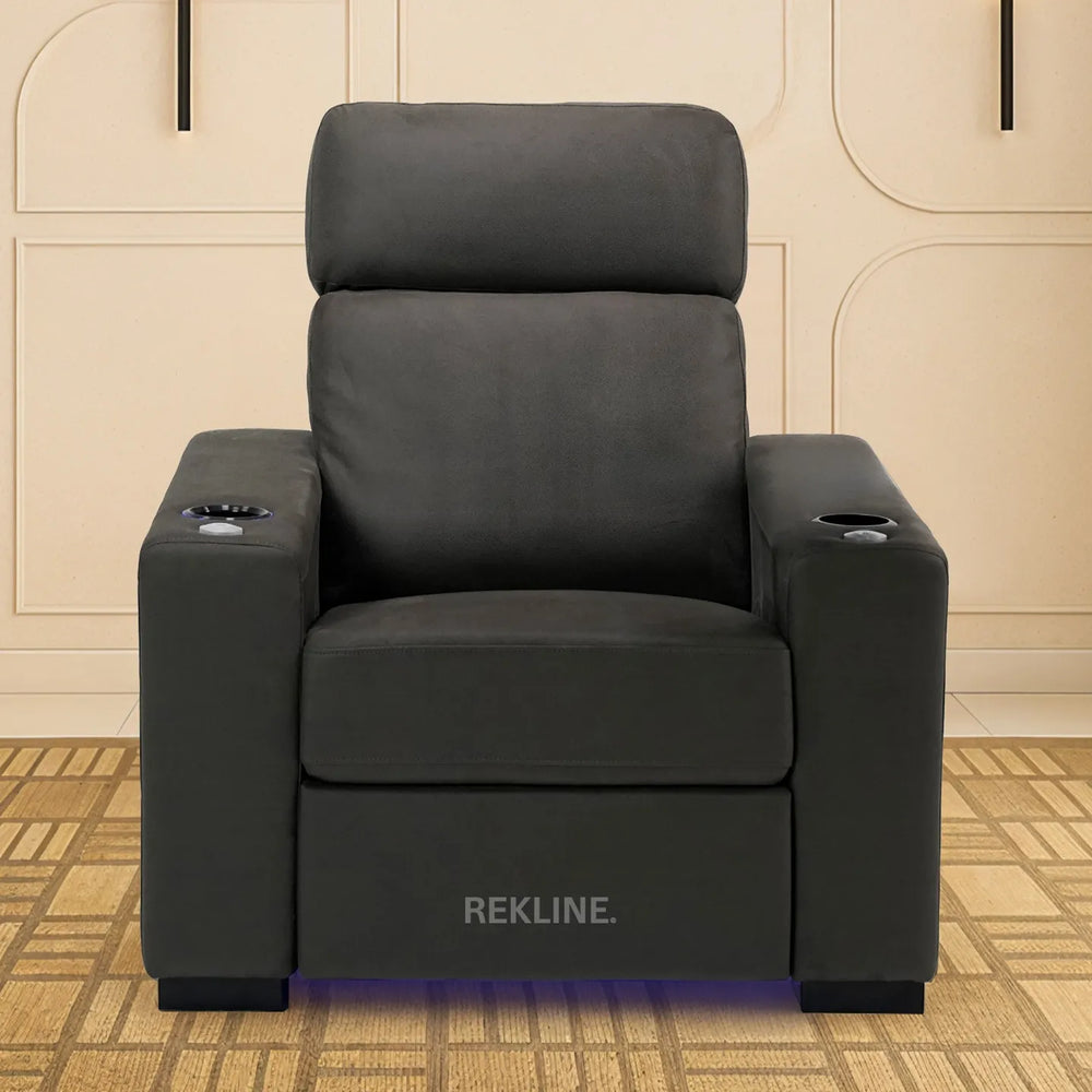 Electric Recliner Armchair in Grey Fabric | Movie & Home Cinema Chair | Power Headrest & Automatic Lumbar Support | High-Back & Removable Tables | Palmero by REKLINE