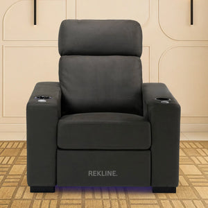 Electric Recliner Armchair in Grey Fabric | Movie & Home Cinema Chair | Power Headrest & Automatic Lumbar Support | High-Back & Removable Tables | Palmero by REKLINE