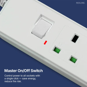 6 Socket Extension Lead With Safety Switch & Indicator Light | 13 Amp | 2m Cable Length | Wall Mount Design | by REKLINE
