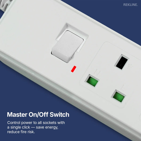 6 Socket Extension Lead With Safety Switch & Indicator Light | 13 Amp | 2m Cable Length | Wall Mount Design | by REKLINE